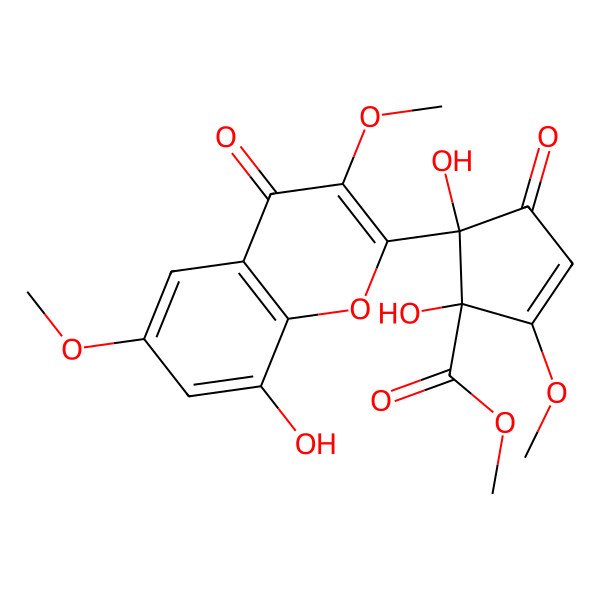 2D Structure of Methyl 1,5-dihydroxy-5-(8-hydroxy-3,6-dimethoxy-4-oxochromen-2-yl)-2-methoxy-4-oxocyclopent-2-ene-1-carboxylate 2D Structure of Methyl 1,5-dihydroxy-5-(8-hydroxy-3,6-dimethoxy-4-oxochromen-2-yl)-2-methoxy-4-oxocyclopent-2-ene-1-carboxylate
