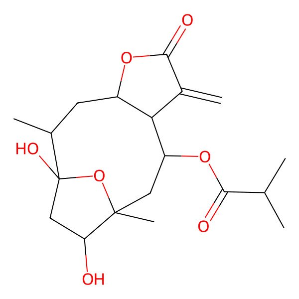 2D Structure of [(1S,2S,4R,8S,9R,11S,12S)-1,12-dihydroxy-2,11-dimethyl-7-methylidene-6-oxo-5,14-dioxatricyclo[9.2.1.04,8]tetradecan-9-yl] 2-methylpropanoate