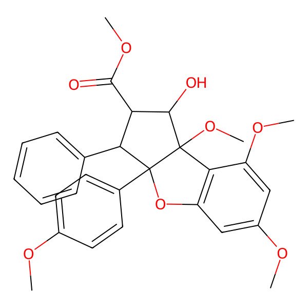 2D Structure of methyl 1-hydroxy-6,8,8b-trimethoxy-3a-(4-methoxyphenyl)-3-phenyl-2,3-dihydro-1H-cyclopenta[b][1]benzofuran-2-carboxylate
