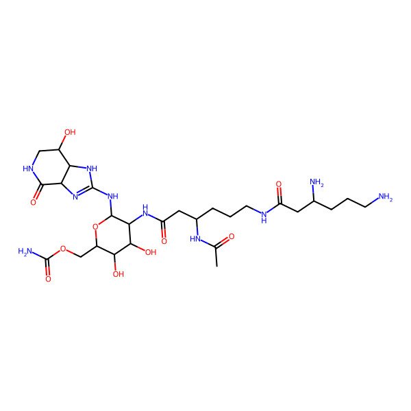 2D Structure of [5-[[3-Acetamido-6-(3,6-diaminohexanoylamino)hexanoyl]amino]-3,4-dihydroxy-6-[(7-hydroxy-4-oxo-1,3a,5,6,7,7a-hexahydroimidazo[4,5-c]pyridin-2-yl)amino]oxan-2-yl]methyl carbamate