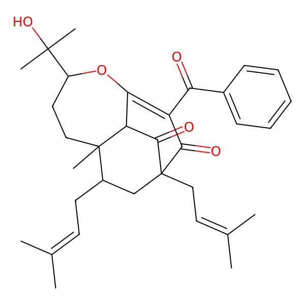 2D Structure of (1R,6S,9S,10R,13R)-3-benzoyl-6-(2-hydroxypropan-2-yl)-9-methyl-1,13-bis(3-methylbut-2-enyl)-5-oxatricyclo[7.2.2.04,10]tridec-3-ene-2,11-dione