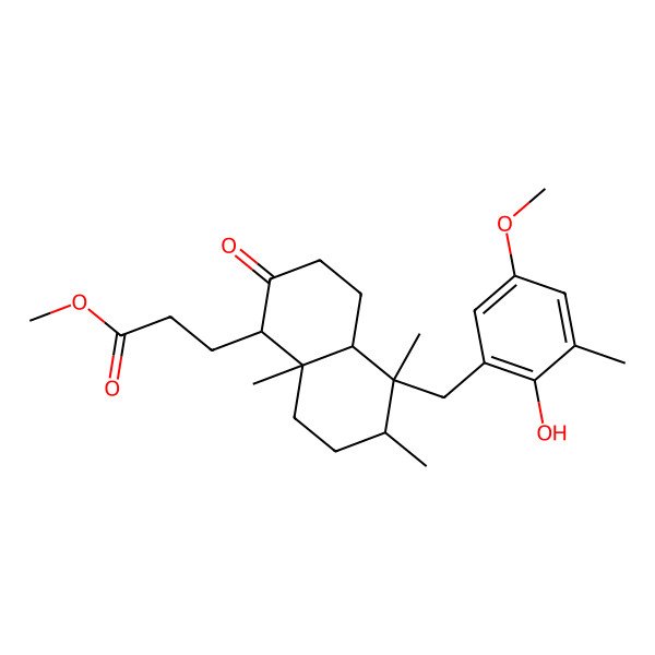 2D Structure of 3-[5-(2-Hydroxy-5-methoxy-3-methyl-benzyl)-5,6,8a-trimethyl-2-oxo-decahydro-naphthalen-1-yl]-propionic acid methyl ester