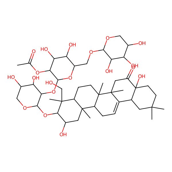 2D Structure of [(2S,3R,4S,5S,6R)-2-[(2S,3R,4S,5S)-2-[[(2S,3R,4R,4aR,6aR,6bS,8aR,12aS,14aR,14bR)-2,8a-dihydroxy-4-(hydroxymethyl)-4,6a,6b,11,11,14b-hexamethyl-8-oxo-2,3,4a,5,6,7,9,10,12,12a,14,14a-dodecahydro-1H-picen-3-yl]oxy]-4,5-dihydroxyoxan-3-yl]oxy-4,5-dihydroxy-6-[[(2S,3R,4S,5S)-3,4,5-trihydroxyoxan-2-yl]oxymethyl]oxan-3-yl] acetate