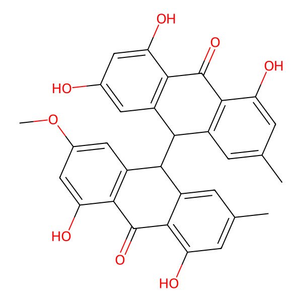 2D Structure of (10R)-10-[(9S)-4,5-dihydroxy-2-methoxy-7-methyl-10-oxo-9H-anthracen-9-yl]-1,3,8-trihydroxy-6-methyl-10H-anthracen-9-one