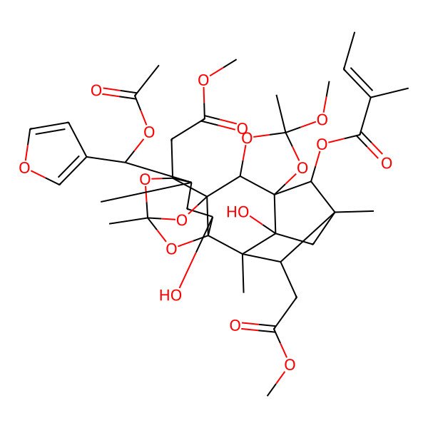 2D Structure of [(5R,6S,9R,17S)-17-[(S)-acetyloxy(furan-3-yl)methyl]-3,19-dihydroxy-9-methoxy-16,21-bis(2-methoxy-2-oxoethyl)-2,5,9,14,17-pentamethyl-8,10,13,15,20-pentaoxaheptacyclo[12.5.1.12,5.01,12.03,7.07,11.012,16]henicosan-6-yl] (Z)-2-methylbut-2-enoate