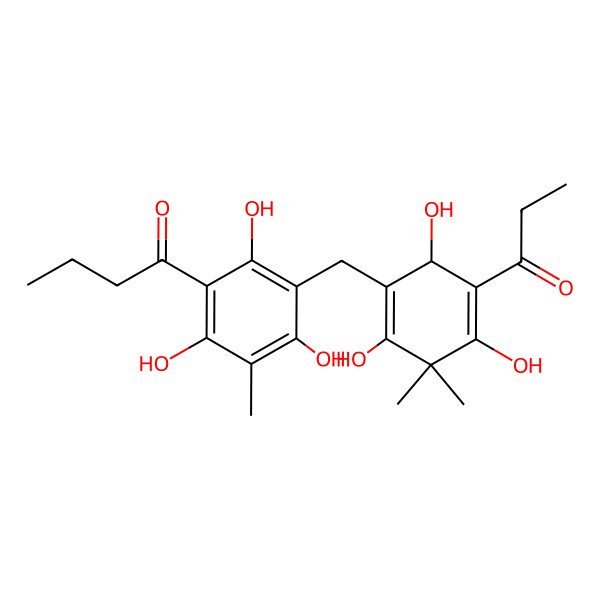 2D Structure of 1-[2,4,6-Trihydroxy-3-methyl-5-[(2,4,6-trihydroxy-3,3-dimethyl-5-propanoylcyclohexa-1,4-dien-1-yl)methyl]phenyl]butan-1-one