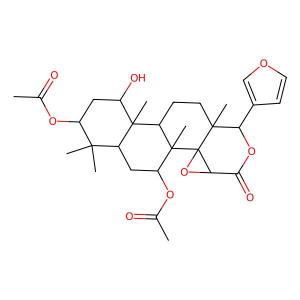 2D Structure of [15-Acetyloxy-7-(furan-3-yl)-13-hydroxy-1,8,12,16,16-pentamethyl-5-oxo-3,6-dioxapentacyclo[9.8.0.02,4.02,8.012,17]nonadecan-19-yl] acetate