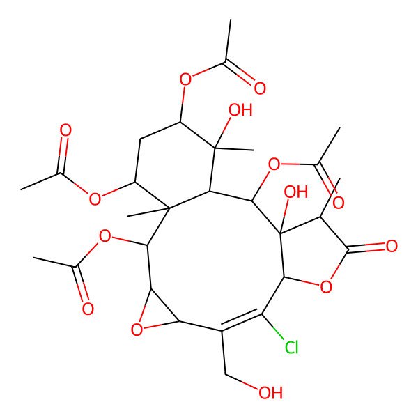2D Structure of [(1R,2R,3R,5R,6E,8R,11R,12R,13S,14S,15S,16R,18S)-2,13,16-triacetyloxy-7-chloro-12,15-dihydroxy-6-(hydroxymethyl)-1,11,15-trimethyl-10-oxo-4,9-dioxatetracyclo[12.4.0.03,5.08,12]octadec-6-en-18-yl] acetate