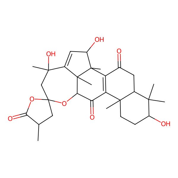 2D Structure of 7,17,20-Trihydroxy-1,3',6,6,10,17,21-heptamethylspiro[14-oxapentacyclo[11.7.1.02,11.05,10.018,21]henicosa-2(11),18-diene-15,5'-oxolane]-2',3,12-trione