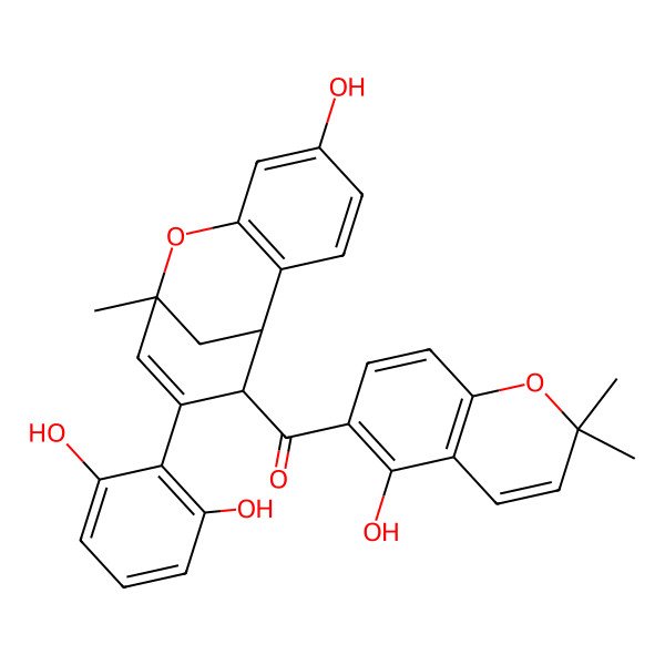 2D Structure of [(1R,9S,12R)-11-(2,6-dihydroxyphenyl)-5-hydroxy-9-methyl-8-oxatricyclo[7.3.1.02,7]trideca-2(7),3,5,10-tetraen-12-yl]-(5-hydroxy-2,2-dimethylchromen-6-yl)methanone