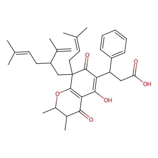 2D Structure of (3S)-3-[(2R,3S,8S)-5-hydroxy-2,3-dimethyl-8-(3-methylbut-2-enyl)-8-[(2S)-5-methyl-2-prop-1-en-2-ylhex-4-enyl]-4,7-dioxo-2,3-dihydrochromen-6-yl]-3-phenylpropanoic acid