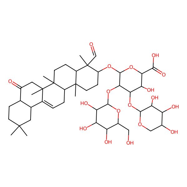 2D Structure of 6-[(4-Formyl-4,6a,6b,11,11,14b-hexamethyl-8-oxo-1,2,3,4a,5,6,7,8a,9,10,12,12a,14,14a-tetradecahydropicen-3-yl)oxy]-3-hydroxy-5-[3,4,5-trihydroxy-6-(hydroxymethyl)oxan-2-yl]oxy-4-(3,4,5-trihydroxyoxan-2-yl)oxyoxane-2-carboxylic acid