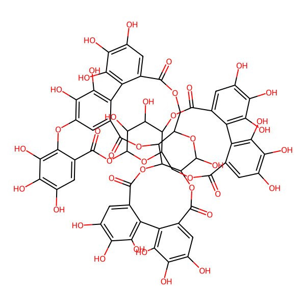 2D Structure of (3,4,5,11,12,21,22,23-Octahydroxy-8,18-dioxo-9,14,17-trioxatetracyclo[17.4.0.02,7.010,15]tricosa-1(23),2,4,6,19,21-hexaen-13-yl) 2-[(7,8,9,12,13,14,20,28,29,30,33,34-dodecahydroxy-4,17,25,38-tetraoxo-3,18,21,24,39-pentaoxaheptacyclo[20.17.0.02,19.05,10.011,16.026,31.032,37]nonatriaconta-5,7,9,11,13,15,26,28,30,32,34,36-dodecaen-35-yl)oxy]-3,4,5-trihydroxybenzoate
