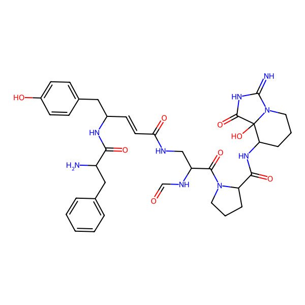 2D Structure of N-(8a-hydroxy-3-imino-1-oxo-5,6,7,8-tetrahydroimidazo[1,5-a]pyridin-8-yl)-1-[3-[[4-[(2-amino-3-phenylpropanoyl)amino]-5-(4-hydroxyphenyl)pent-2-enoyl]amino]-2-formamidopropanoyl]pyrrolidine-2-carboxamide