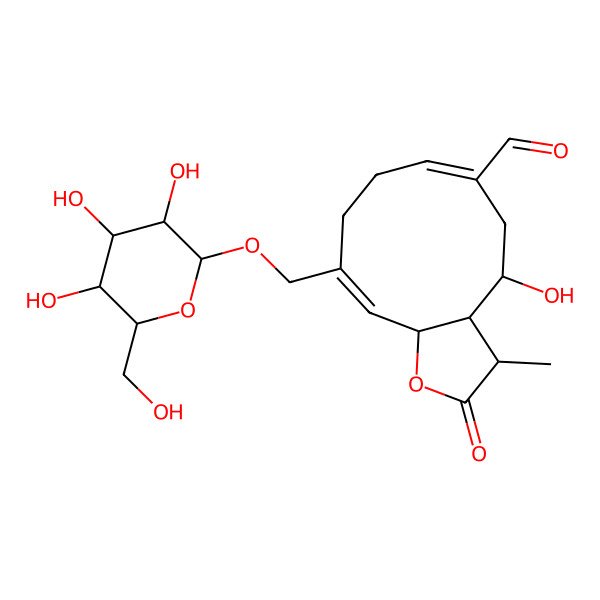 2D Structure of (3S,3aR,4S,6E,10Z,11aR)-4-hydroxy-3-methyl-2-oxo-10-[[3,4,5-trihydroxy-6-(hydroxymethyl)oxan-2-yl]oxymethyl]-3a,4,5,8,9,11a-hexahydro-3H-cyclodeca[b]furan-6-carbaldehyde