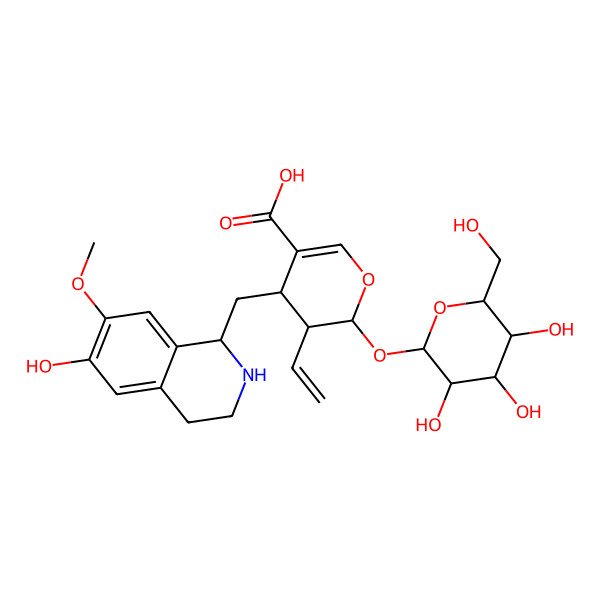 2D Structure of 3-ethenyl-4-[(6-hydroxy-7-methoxy-1,2,3,4-tetrahydroisoquinolin-1-yl)methyl]-2-[3,4,5-trihydroxy-6-(hydroxymethyl)oxan-2-yl]oxy-3,4-dihydro-2H-pyran-5-carboxylic acid