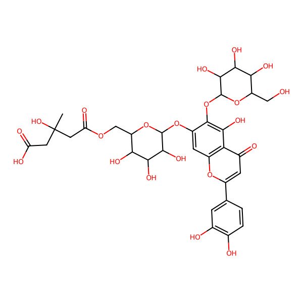 2D Structure of (3S)-5-[[(2R,3S,4S,5R,6S)-6-[2-(3,4-dihydroxyphenyl)-5-hydroxy-4-oxo-6-[(2S,3R,4S,5S,6S)-3,4,5-trihydroxy-6-(hydroxymethyl)oxan-2-yl]oxychromen-7-yl]oxy-3,4,5-trihydroxyoxan-2-yl]methoxy]-3-hydroxy-3-methyl-5-oxopentanoic acid