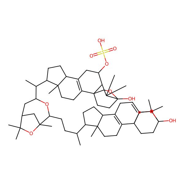 2D Structure of [(1R,5R,6R,9R,12S,13R,15S)-15-hydroxy-6-[(1S)-1-[(1R,2S,4R,6R)-2-[(3R)-3-[(1S,5R,6R,9R,15S)-15-hydroxy-5,14,14-trimethyl-16-oxapentacyclo[13.2.2.01,13.02,10.05,9]nonadeca-2(10),12-dien-6-yl]butyl]-1,7,7-trimethyl-3,8-dioxabicyclo[4.2.1]nonan-4-yl]ethyl]-5,14,14-trimethyl-16-oxapentacyclo[13.2.2.01,13.02,10.05,9]nonadec-2(10)-en-12-yl] hydrogen sulfate