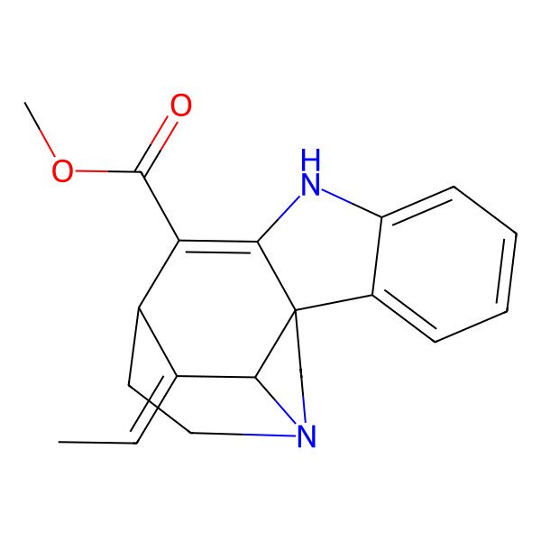 2D Structure of methyl (1S,11S,17R,18E)-18-ethylidene-8,14-diazapentacyclo[9.5.2.01,9.02,7.014,17]octadeca-2,4,6,9-tetraene-10-carboxylate