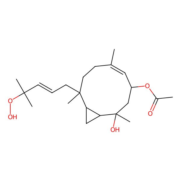2D Structure of [9-(4-Hydroperoxy-4-methylpent-2-enyl)-2-hydroxy-2,6,9-trimethyl-4-bicyclo[8.1.0]undec-5-enyl] acetate