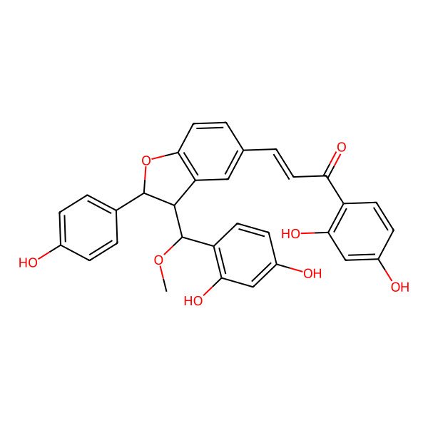 2D Structure of (E)-1-(2,4-dihydroxyphenyl)-3-[(2S,3S)-3-[(2,4-dihydroxyphenyl)-methoxymethyl]-2-(4-hydroxyphenyl)-2,3-dihydro-1-benzofuran-5-yl]prop-2-en-1-one