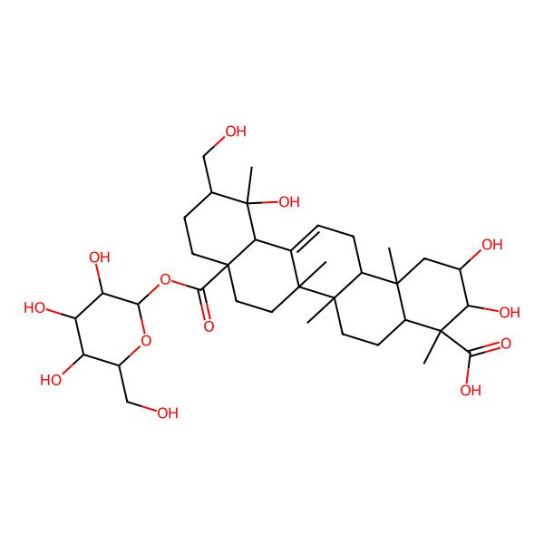 2D Structure of (2R,3R,4R,4aR,6aR,6bS,8aS,11S,12S,12aS,14aR,14bR)-2,3,12-trihydroxy-11-(hydroxymethyl)-4,6a,6b,12,14b-pentamethyl-8a-[(2S,3R,4S,5S,6R)-3,4,5-trihydroxy-6-(hydroxymethyl)oxan-2-yl]oxycarbonyl-1,2,3,4a,5,6,7,8,9,10,11,12a,14,14a-tetradecahydropicene-4-carboxylic acid