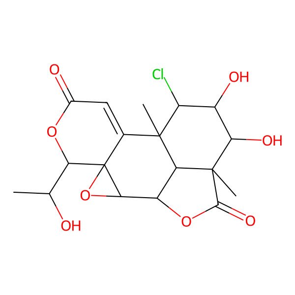 2D Structure of 11-Chloro-12,13-dihydroxy-5-(1-hydroxyethyl)-10,14-dimethyl-3,6,16-trioxapentacyclo[8.6.1.02,4.04,9.014,17]heptadec-8-ene-7,15-dione