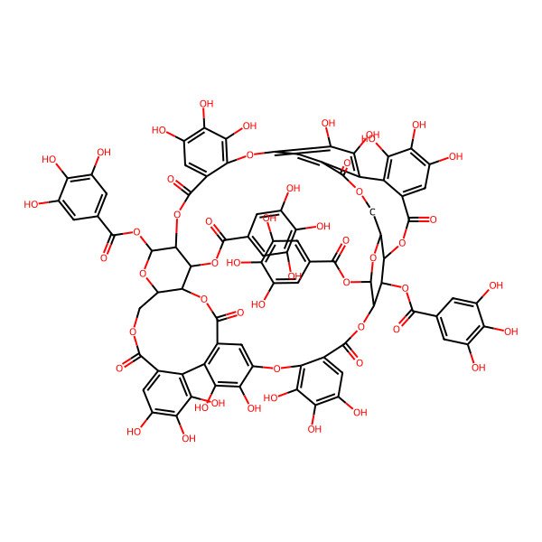 2D Structure of [4,5,6,20,21,22,25,26,30,31,32,46,47,48,51,52-Hexadecahydroxy-9,17,35,43,55,61-hexaoxo-12,38,64-tris[(3,4,5-trihydroxybenzoyl)oxy]-2,10,13,16,28,36,39,42,56,62-decaoxaundecacyclo[35.15.6.514,27.111,15.03,8.018,23.029,34.040,57.044,49.050,54.024,60]tetrahexaconta-1(52),3,5,7,18,20,22,24,26,29,31,33,44,46,48,50,53,59-octadecaen-58-yl] 3,4,5-trihydroxybenzoate