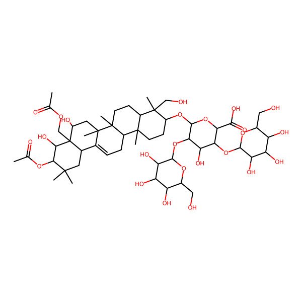 2D Structure of 6-[[10-Acetyloxy-8a-(acetyloxymethyl)-8,9-dihydroxy-4-(hydroxymethyl)-4,6a,6b,11,11,14b-hexamethyl-1,2,3,4a,5,6,7,8,9,10,12,12a,14,14a-tetradecahydropicen-3-yl]oxy]-4-hydroxy-3,5-bis[[3,4,5-trihydroxy-6-(hydroxymethyl)oxan-2-yl]oxy]oxane-2-carboxylic acid