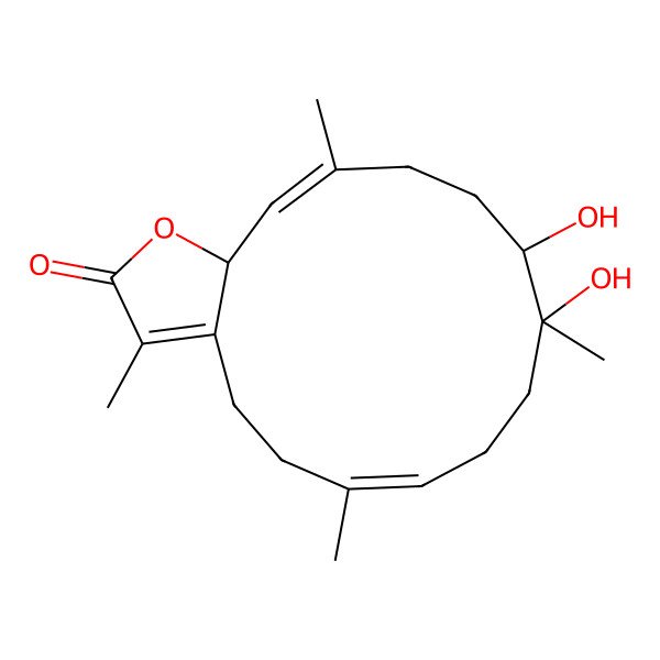 2D Structure of (6E,10S,11S,14E,15aR)-10,11-dihydroxy-3,6,10,14-tetramethyl-4,5,8,9,11,12,13,15a-octahydrocyclotetradeca[b]furan-2-one