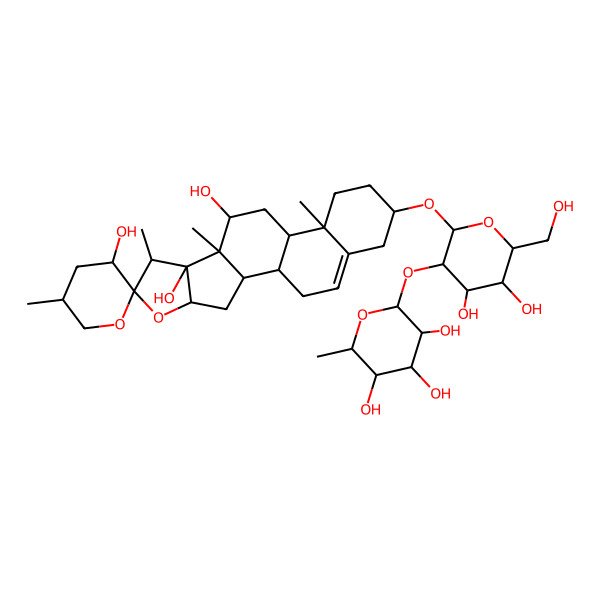 2D Structure of (1R,2S,3'S,4S,5'R,6S,7S,8S,9R,10S,12S,13R,16S)-16-[(2R,3R,4S,5S,6R)-4,5-dihydroxy-6-(hydroxymethyl)-3-[(2S,3R,4R,5R,6S)-3,4,5-trihydroxy-6-methyloxan-2-yl]oxyoxan-2-yl]oxy-5',7,9,13-tetramethylspiro[5-oxapentacyclo[10.8.0.02,9.04,8.013,18]icos-18-ene-6,2'-oxane]-3',8,10-triol