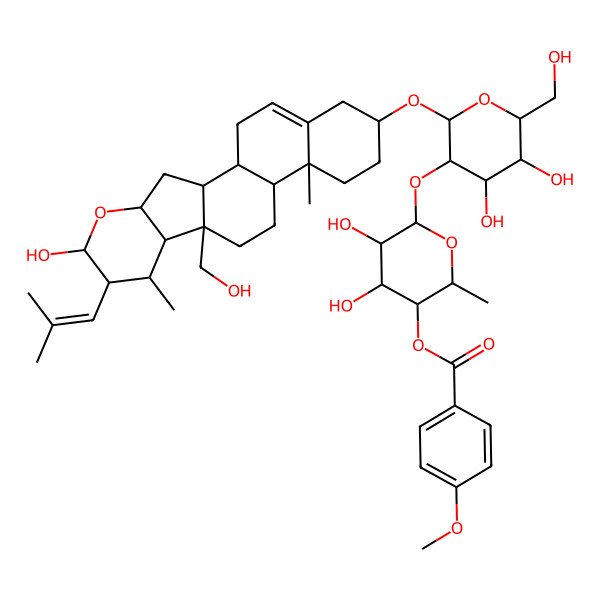 2D Structure of [(2S,3R,4S,5R,6S)-6-[(2R,3R,4S,5R,6R)-4,5-dihydroxy-2-[[(1R,2S,4S,6R,7S,8S,9R,10R,13S,14R,17S)-6-hydroxy-10-(hydroxymethyl)-8,14-dimethyl-7-(2-methylprop-1-enyl)-5-oxapentacyclo[11.8.0.02,10.04,9.014,19]henicos-19-en-17-yl]oxy]-6-(hydroxymethyl)oxan-3-yl]oxy-4,5-dihydroxy-2-methyloxan-3-yl] 4-methoxybenzoate