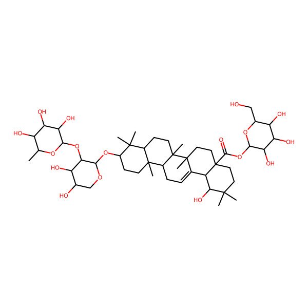 2D Structure of [(2R,3S,4R,5R,6S)-3,4,5-trihydroxy-6-(hydroxymethyl)oxan-2-yl] (1R,4aS,6aS,6aS,6bR,8aR,10S,12aR,14bS)-10-[(2R,3S,4R,5S)-4,5-dihydroxy-3-[(2R,3S,4R,5R,6S)-3,4,5-trihydroxy-6-methyloxan-2-yl]oxyoxan-2-yl]oxy-1-hydroxy-2,2,6a,6b,9,9,12a-heptamethyl-1,3,4,5,6,6a,7,8,8a,10,11,12,13,14b-tetradecahydropicene-4a-carboxylate