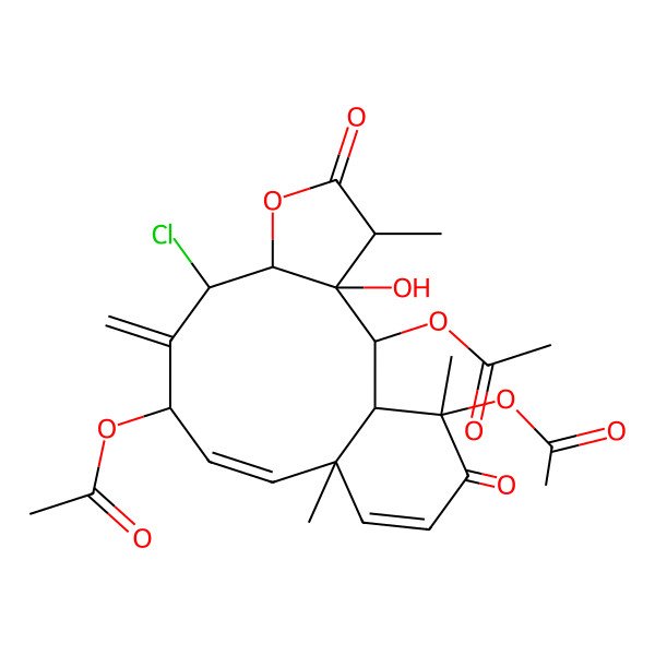 2D Structure of [(1S,2R,3R,4R,7R,8R,10S,11E,13S,17R)-2,17-diacetyloxy-8-chloro-3-hydroxy-4,13,17-trimethyl-9-methylidene-5,16-dioxo-6-oxatricyclo[11.4.0.03,7]heptadeca-11,14-dien-10-yl] acetate