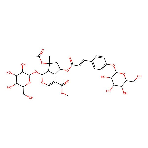 2D Structure of methyl (1S,4aS,5R,7S,7aS)-7-acetyloxy-7-methyl-1-[(2S,3R,4S,5S,6R)-3,4,5-trihydroxy-6-(hydroxymethyl)oxan-2-yl]oxy-5-[(E)-3-[4-[(2S,3R,4S,5S,6R)-3,4,5-trihydroxy-6-(hydroxymethyl)oxan-2-yl]oxyphenyl]prop-2-enoyl]oxy-4a,5,6,7a-tetrahydro-1H-cyclopenta[c]pyran-4-carboxylate