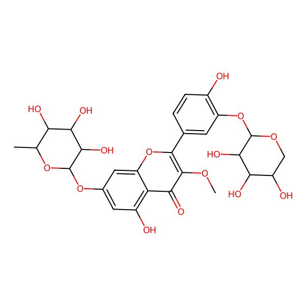 2D Structure of 5-hydroxy-2-[4-hydroxy-3-[(2S,3R,4S,5R)-3,4,5-trihydroxyoxan-2-yl]oxyphenyl]-3-methoxy-7-[(2S,3R,4R,5R,6S)-3,4,5-trihydroxy-6-methyloxan-2-yl]oxychromen-4-one