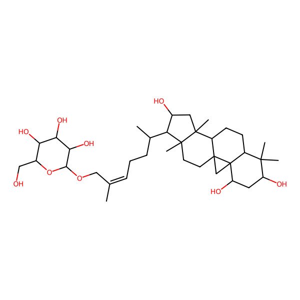 2D Structure of 2-(Hydroxymethyl)-6-[2-methyl-6-(4,6,14-trihydroxy-7,7,12,16-tetramethyl-15-pentacyclo[9.7.0.01,3.03,8.012,16]octadecanyl)hept-2-enoxy]oxane-3,4,5-triol