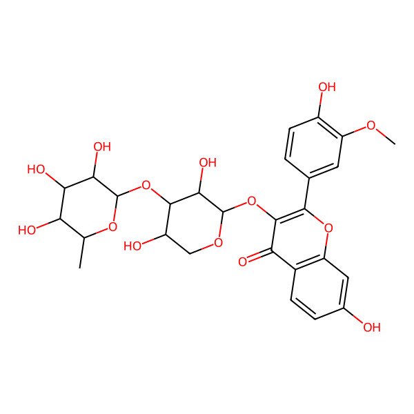 2D Structure of 3-[3,5-Dihydroxy-4-(3,4,5-trihydroxy-6-methyloxan-2-yl)oxyoxan-2-yl]oxy-7-hydroxy-2-(4-hydroxy-3-methoxyphenyl)chromen-4-one