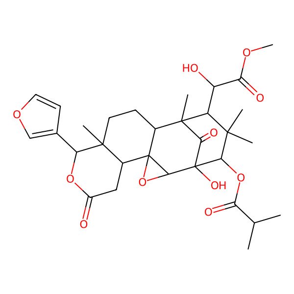 2D Structure of [(1S,2R,4S,5R,9R,10S,13R,14S,15S,17R)-9-(furan-3-yl)-1-hydroxy-15-[(1R)-1-hydroxy-2-methoxy-2-oxoethyl]-10,14,16,16-tetramethyl-7,18-dioxo-3,8-dioxapentacyclo[12.3.1.02,4.04,13.05,10]octadecan-17-yl] 2-methylpropanoate