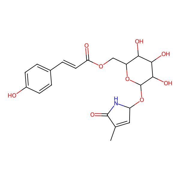 2D Structure of [(2R,3S,4S,5R,6S)-3,4,5-trihydroxy-6-[[(2R)-4-methyl-5-oxo-1,2-dihydropyrrol-2-yl]oxy]oxan-2-yl]methyl (E)-3-(4-hydroxyphenyl)prop-2-enoate