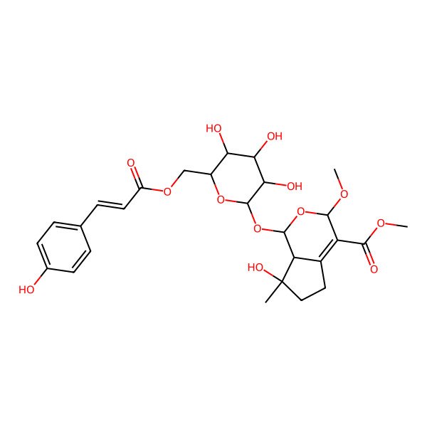 2D Structure of methyl (1R,3S,7R,7aR)-7-hydroxy-3-methoxy-7-methyl-1-[(2R,3S,4R,5R,6S)-3,4,5-trihydroxy-6-[[(E)-3-(4-hydroxyphenyl)prop-2-enoyl]oxymethyl]oxan-2-yl]oxy-3,5,6,7a-tetrahydro-1H-cyclopenta[c]pyran-4-carboxylate