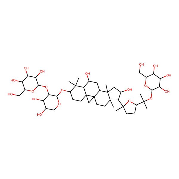 2D Structure of 2-[2-[[9,14-Dihydroxy-7,7,12,16-tetramethyl-15-[2-methyl-5-[2-[3,4,5-trihydroxy-6-(hydroxymethyl)oxan-2-yl]oxypropan-2-yl]oxolan-2-yl]-6-pentacyclo[9.7.0.01,3.03,8.012,16]octadecanyl]oxy]-4,5-dihydroxyoxan-3-yl]oxy-6-(hydroxymethyl)oxane-3,4,5-triol