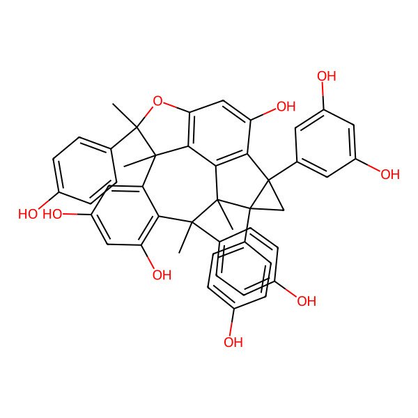 2D Structure of (1S,2R,4S,10R,11R,18S)-4-(3,5-dihydroxyphenyl)-2,10,18-tris(4-hydroxyphenyl)-1,10,11,18-tetramethyl-9-oxahexacyclo[9.7.2.02,4.05,19.08,20.012,17]icosa-5(19),6,8(20),12(17),13,15-hexaene-6,14,16-triol