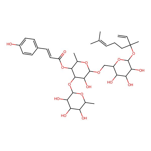 2D Structure of [(2S,3S,4S,5R,6R)-6-[[(2R,3S,4S,5R,6S)-6-[(3R)-3,7-dimethylocta-1,6-dien-3-yl]oxy-3,4,5-trihydroxyoxan-2-yl]methoxy]-5-hydroxy-2-methyl-4-[(2S,3R,4R,5R,6S)-3,4,5-trihydroxy-6-methyloxan-2-yl]oxyoxan-3-yl] (E)-3-(4-hydroxyphenyl)prop-2-enoate