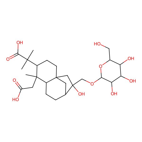 2D Structure of 2-[5-(Carboxymethyl)-10-hydroxy-5-methyl-10-[[3,4,5-trihydroxy-6-(hydroxymethyl)oxan-2-yl]oxymethyl]-4-tricyclo[7.2.1.01,6]dodecanyl]-2-methylpropanoic acid