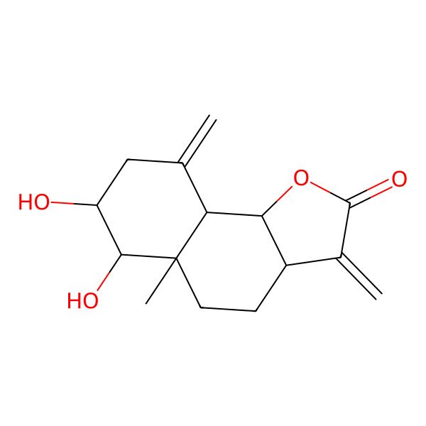2D Structure of (3aS,5aR,6S,7R,9aS,9bS)-6,7-dihydroxy-5a-methyl-3,9-dimethylidene-3a,4,5,6,7,8,9a,9b-octahydrobenzo[g][1]benzofuran-2-one