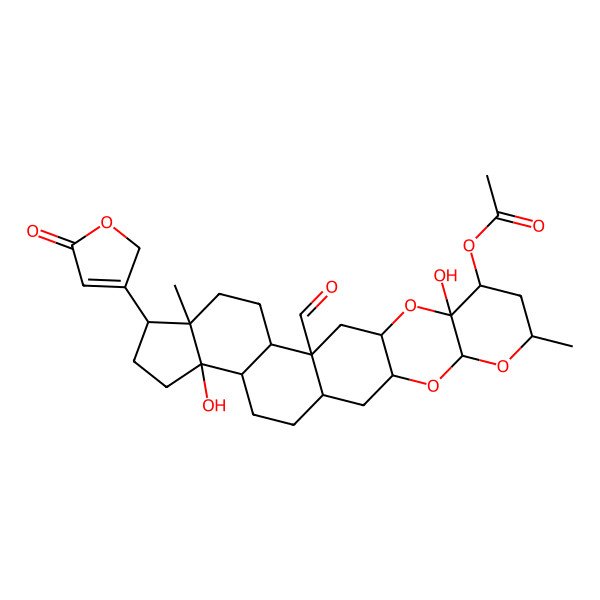 2D Structure of [14-formyl-10,22-dihydroxy-7,18-dimethyl-19-(5-oxo-2H-furan-3-yl)-4,6,11-trioxahexacyclo[12.11.0.03,12.05,10.015,23.018,22]pentacosan-9-yl] acetate