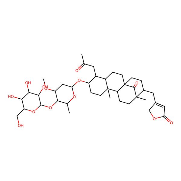 2D Structure of 3-[[(1R,4S,5R,6S,9S,10S,13R,14R)-6-[(2S,4R,5R,6R)-4-methoxy-6-methyl-5-[(2S,3R,4S,5S,6R)-3,4,5-trihydroxy-6-(hydroxymethyl)oxan-2-yl]oxyoxan-2-yl]oxy-9,13-dimethyl-17-oxo-5-(2-oxopropyl)-14-tetracyclo[11.3.1.01,10.04,9]heptadecanyl]methyl]-2H-furan-5-one