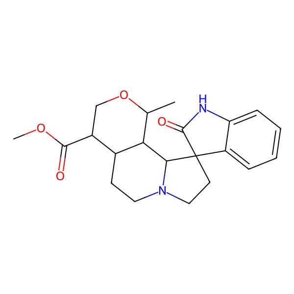 2D Structure of methyl (1S,4R,4aS,10S,10aS,10bS)-1-methyl-2'-oxospiro[1,3,4,4a,5,6,8,9,10a,10b-decahydropyrano[4,3-g]indolizine-10,3'-1H-indole]-4-carboxylate