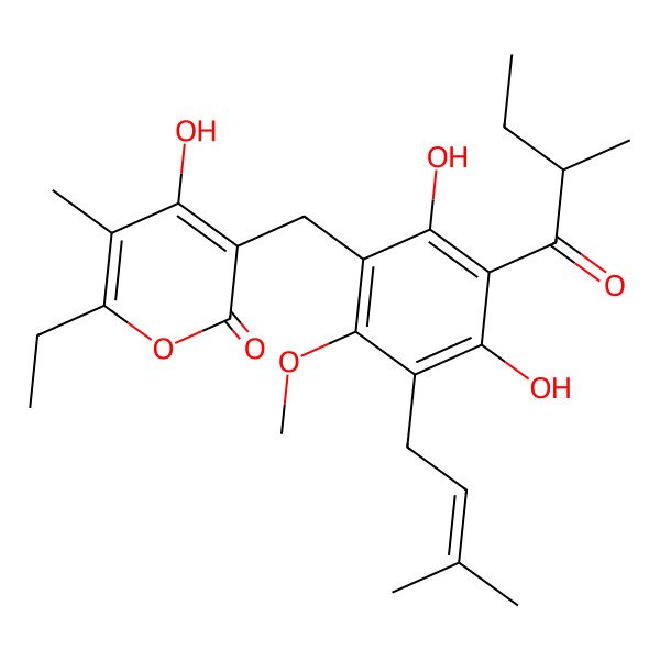 2D Structure of 3-[[2,4-Dihydroxy-6-methoxy-3-(2-methylbutanoyl)-5-(3-methylbut-2-enyl)phenyl]methyl]-6-ethyl-4-hydroxy-5-methylpyran-2-one